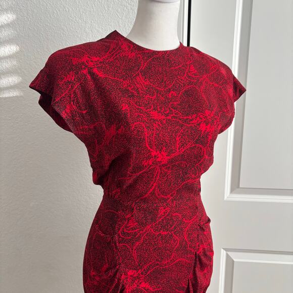 VTG All That Jazz Dress 80s Red Ruched Wiggle Cocktail Bodycon XS Abstract - Picture 3 of 14